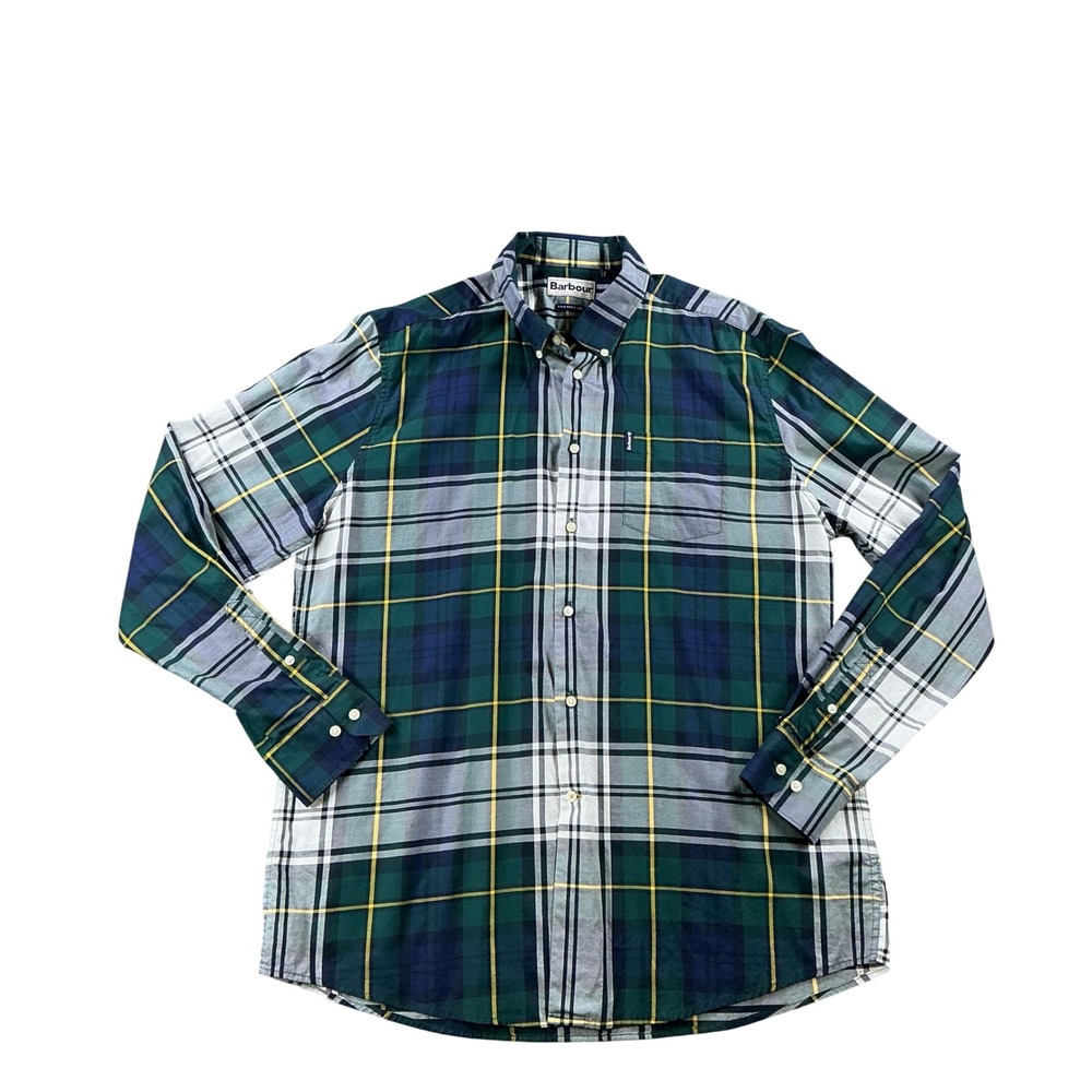 Barbour Highland Check 33 Tailored Shirt Mens Large Green Navy Plaid Cotton L/S